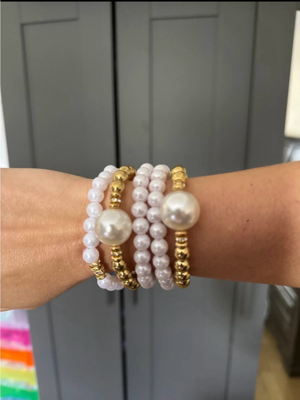 Elegant White Pearl and Gold Beaded Stretch Bracelet Set